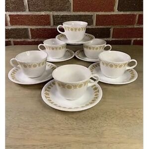 Lot of 6 Vintage Corelle by Corning Butterfly Gold Coffee Tea Cups and Saucers